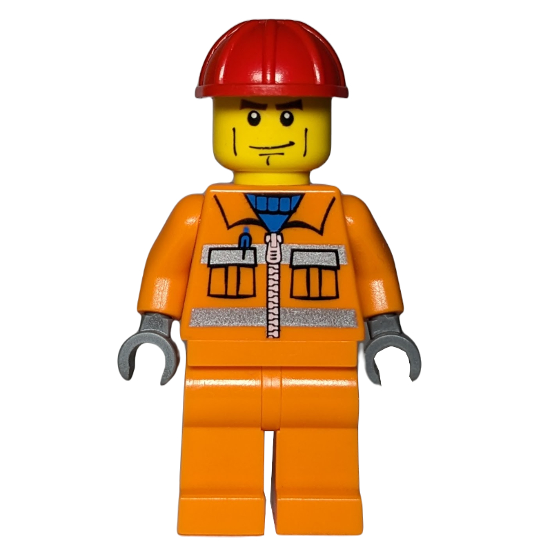Ouvrier de chantier, veste orange avec fermeture à glissière et rayures réfléchissantes, jambes orange, casque de chantier rouge, traits sur les joues (Construction Worker, Orange Jacket with Zipper and Reflective Stripes, Orange Legs, Red Hard Hat, Cheek Lines)