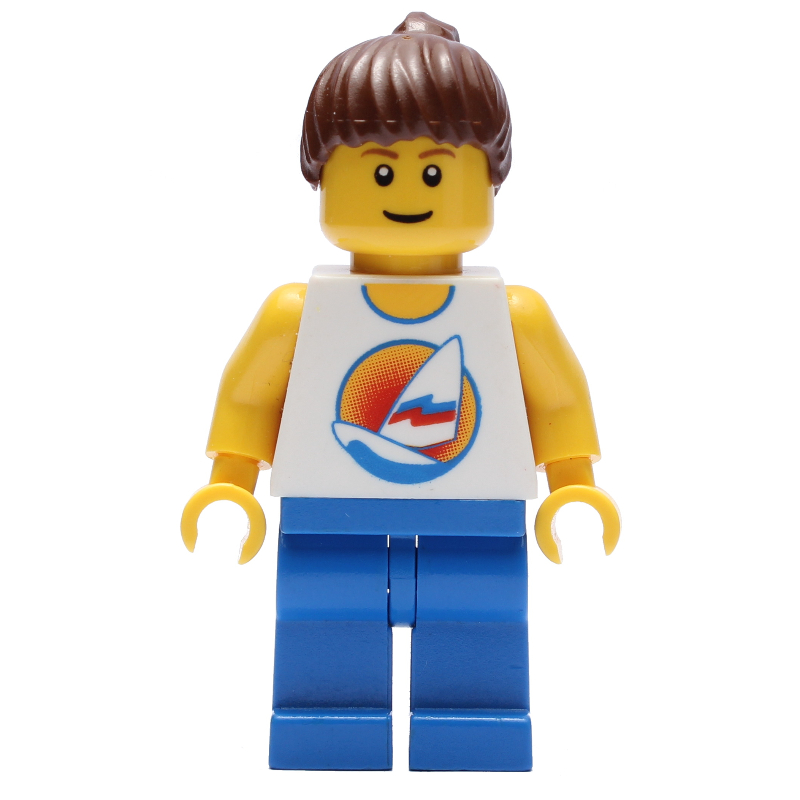 Sauveteur, débardeur blanc avec planche à voile, jambes bleues, queue de cheval (Lifeguard, White Tank Top with Windsurfer, Blue Legs, Ponytail)