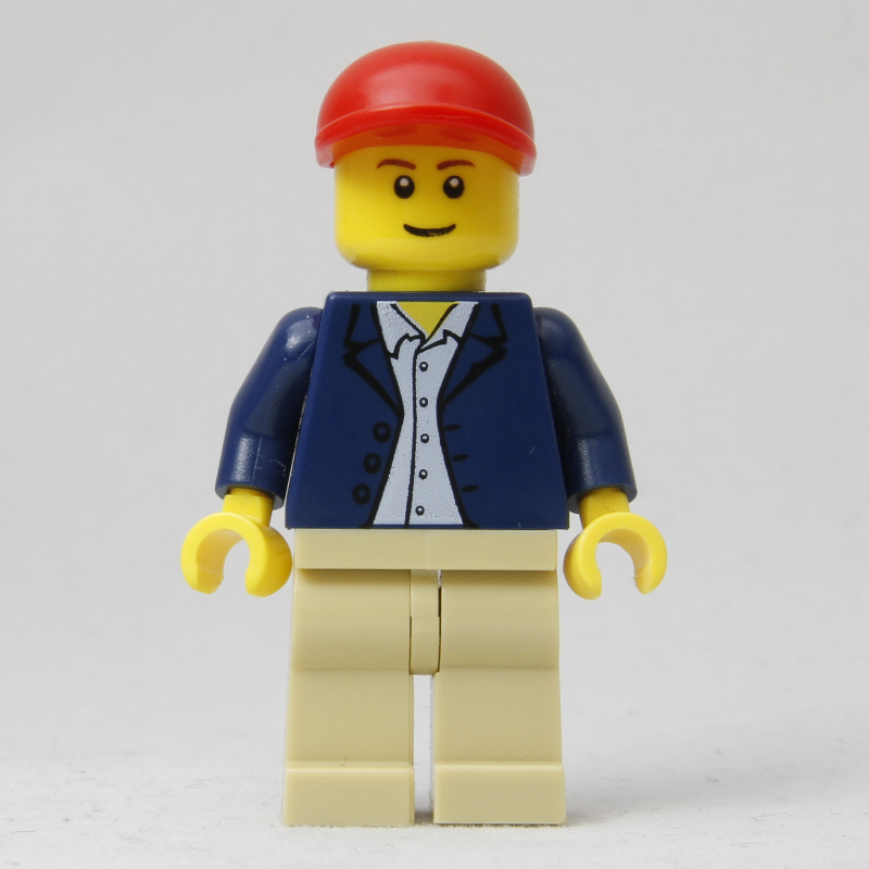 Homme, veste bleu foncé ouverte, jambes beiges, casquette rouge (Man, Open Dark Blue Jacket, Tan Legs, Red Cap)
