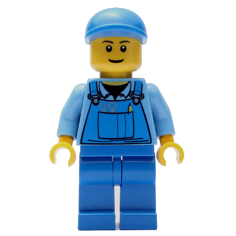 Homme, salopette bleue sur chemise, jambes bleues, casquette bleue (Man, Blue Overalls over Shirt, Blue Legs, Blue Cap)