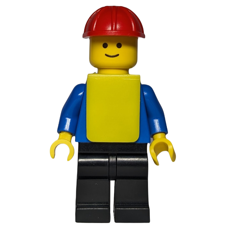 Ouvrier de chantier, torse bleu, jambes noires, casque de chantier rouge, gilet jaune (Construction Worker, Blue Torso, Black Legs, Red Hard Hat, Yellow Vest)