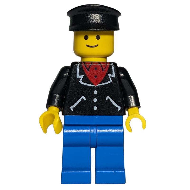 Homme, veste noire ouverte sur chemise rouge, jambes bleues, casquette noire (Man, Open Black Jacket over Red Shirt, Blue Legs, Black Cap)