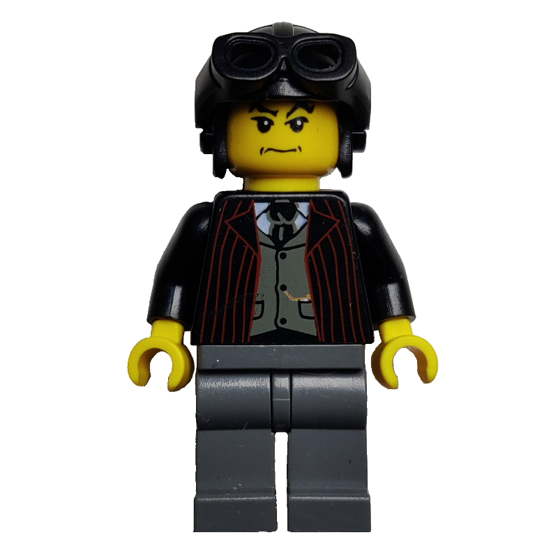 Pilote, veste noire ouverte sur gilet gris foncé et cravate, chapeau noir avec lunettes (Pilot, Open Black Jacket over Dark Gray Vest and Tie, Black Hat with Goggles)