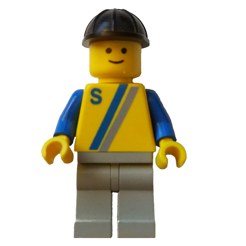 Homme, chemise jaune à deux rayures et 'S', jambes gris clair, casque de chantier noir (Man, Yellow Shirt with Two Stripes and 'S', Light Gray Legs, Black Hard Hat)