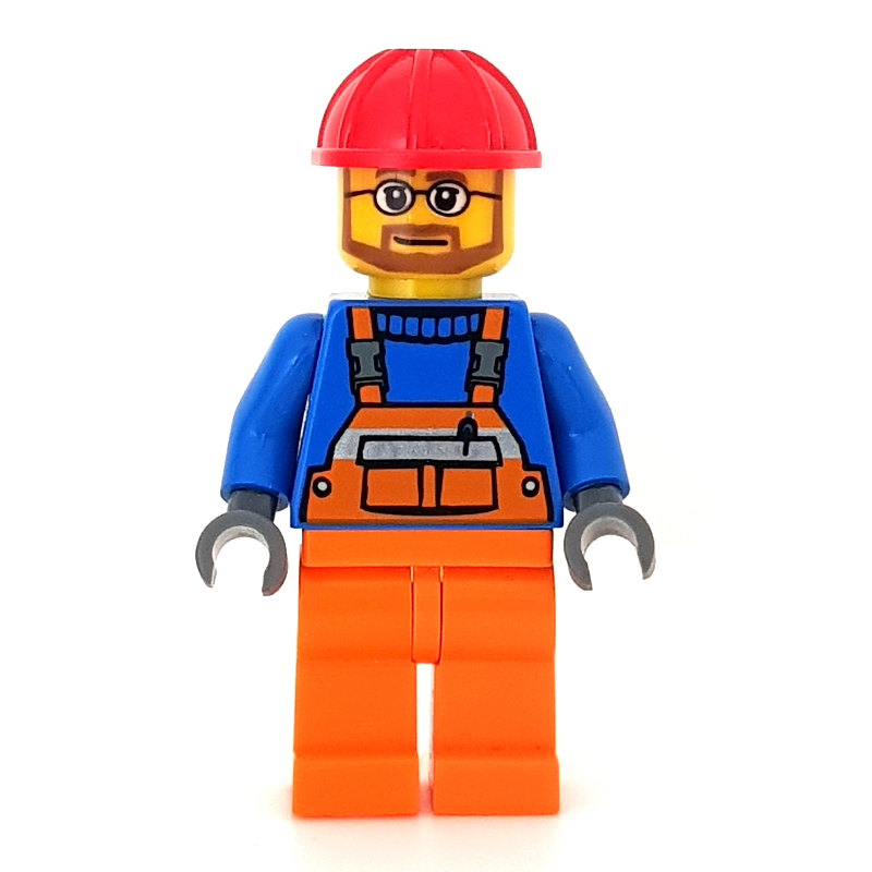 Ouvrier de chantier, salopette orange, casque de chantier rouge, barbe et lunettes (Construction Worker, Orange Overalls, Red Hard Hat, Beard and Glasses)