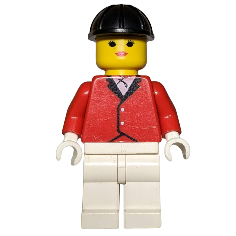Femme, veste d'équitation rouge, jambes blanches, casque de chantier noir (Woman, Red Riding Jacket, White Legs, Black Hard Hat)
