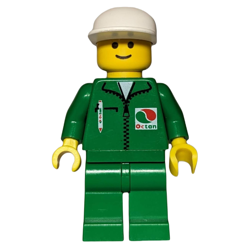 Pilote de course, veste verte avec fermeture éclair et logo Octan, casquette blanche (Racer, Green Jacket with Zipper and Octan Logo, White Cap)