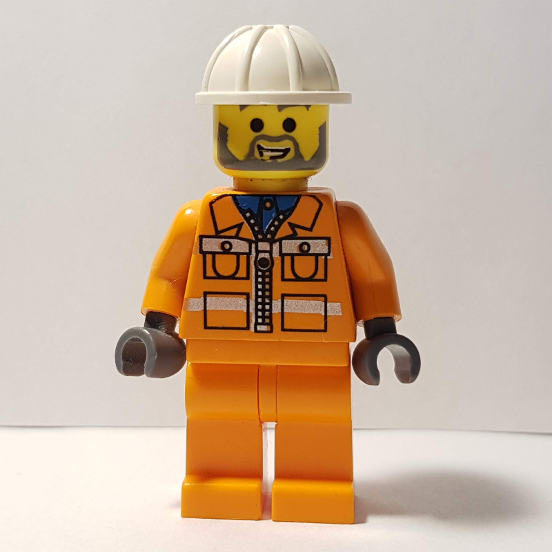 Garry - travailleur de la construction, veste orange avec fermeture à glissière et rayures réfléchissantes, jambes orange, casque de chantier blanc, barbe (Garry - Construction Worker, Orange Jacket with Zipper and Reflective Stripes, Orange Legs, White Hard Hat, Beard)