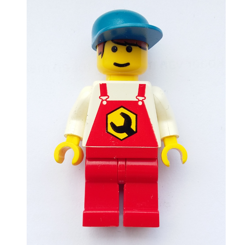 Mécanicien, salopette rouge, casquette bleue, cheveux imprimés (Mechanic, Red Overalls, Blue Cap, Printed Hair)
