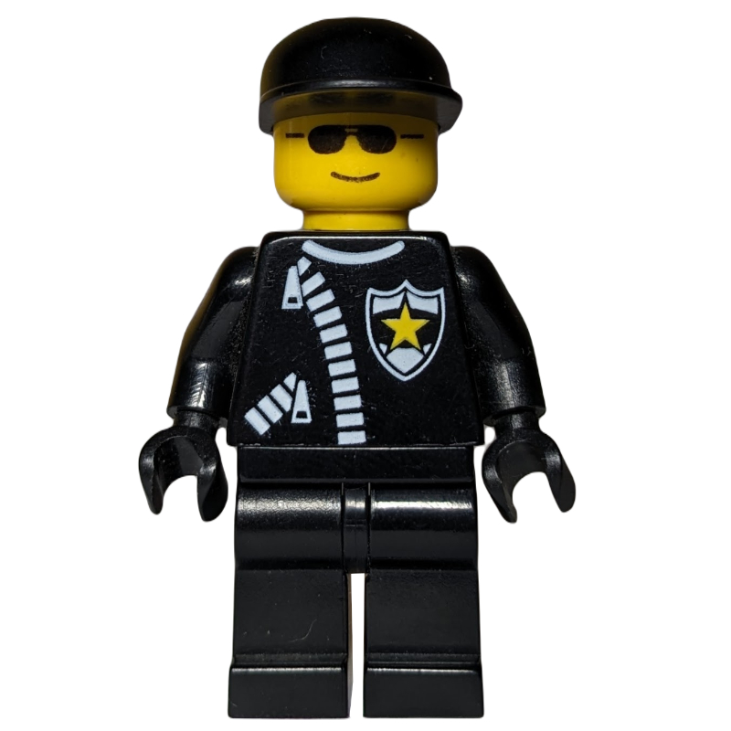 Policier, veste noire avec fermeture éclair et badge, casquette noire, lunettes de soleil (Policeman, Black Jacket with Zipper and Badge, Black Cap, Sunglasses)