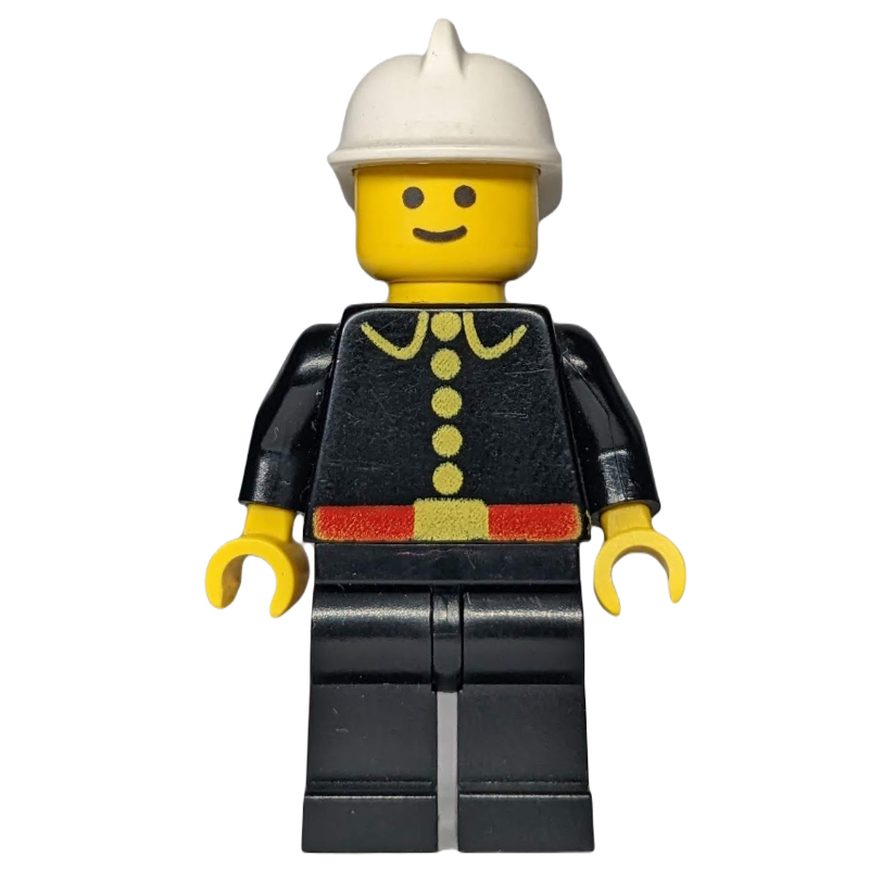 Pompier, classique, veste de pompier noire avec ceinture rouge et boutons, casque blanc (3626b tête) (Fireman, Classic, Black Fire Jacket with Red Belt and Buttons, White Helmet (3626b Head))