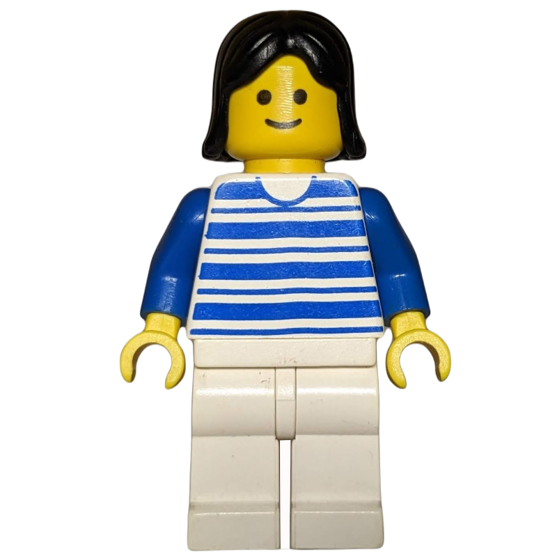 Femme, chemise à rayures blanches et bleues, jambes blanches, cheveux noirs (Woman, White and Blue Striped Shirt, White Legs, Black Hair)