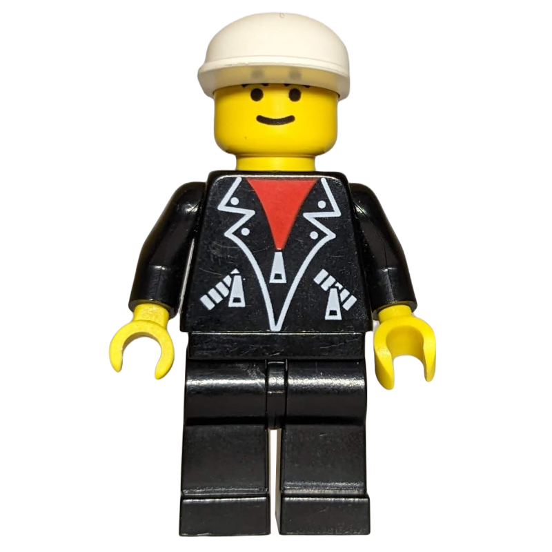 Homme, veste noire sur chemise rouge, jambes noires, casquette blanche (Man, Black Jacket over Red Shirt, Black Legs, White Cap)