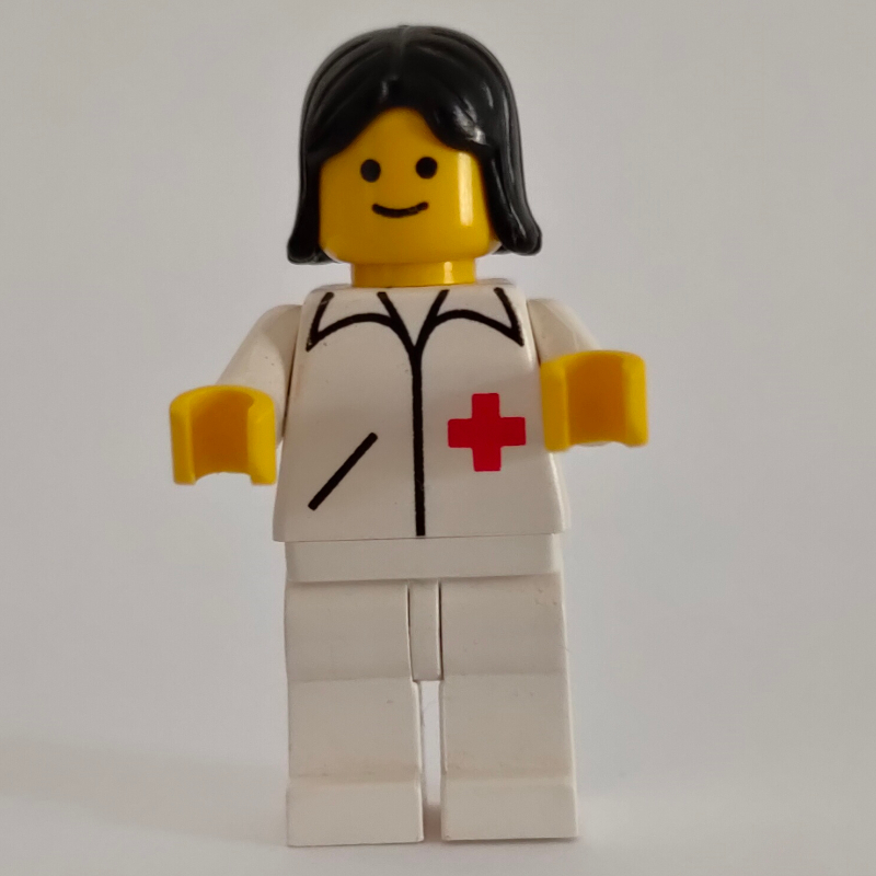Médecin, femme, veste blanche avec croix rouge, jambes blanches, cheveux noirs (Doctor, Woman, White Jacket with Red Cross, White Legs, Black Hair)