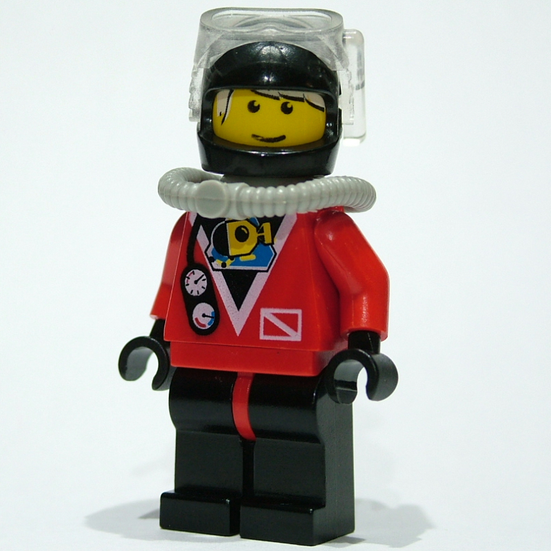 Plongeur, homme, combinaison de plongée rouge, casque noir avec masque, bouteille d’air, cheveux blancs imprimés (Diver, Man, Red Wetsuit, Black Helmet with Mask, Airtank, Printed White Hair)