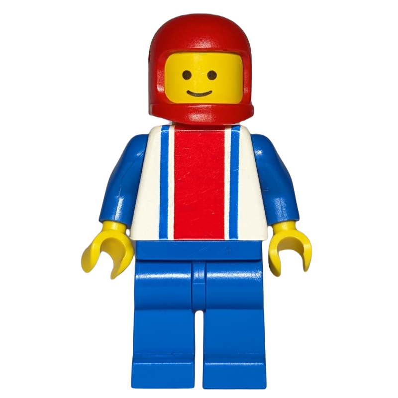 Homme, torse blanc avec rayures rouges et bleues, jambes bleues, casque rouge (Man, White Torso with Red and Blue Stripes, Blue Legs, Red Helmet)