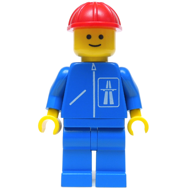 Ouvrier de chantier, veste bleue avec logo de l'autoroute, jambes bleues, casque de chantier rouge (Construction Worker, Blue Jacket with Highway Logo, Blue Legs, Red Hard Hat)