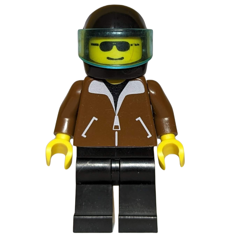 Homme, veste brune, jambes noires, casque noir avec visière, lunettes de soleil (Man, Brown Jacket, Black Legs, Black Helmet with Visor, Sunglasses)