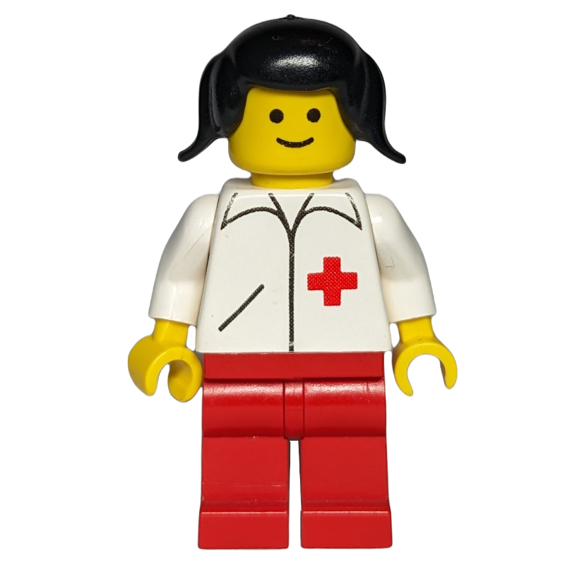 Médecin, femme, veste blanche avec croix rouge, cheveux noirs (Doctor, Woman, White Jacket with Red Cross, Black Hair)