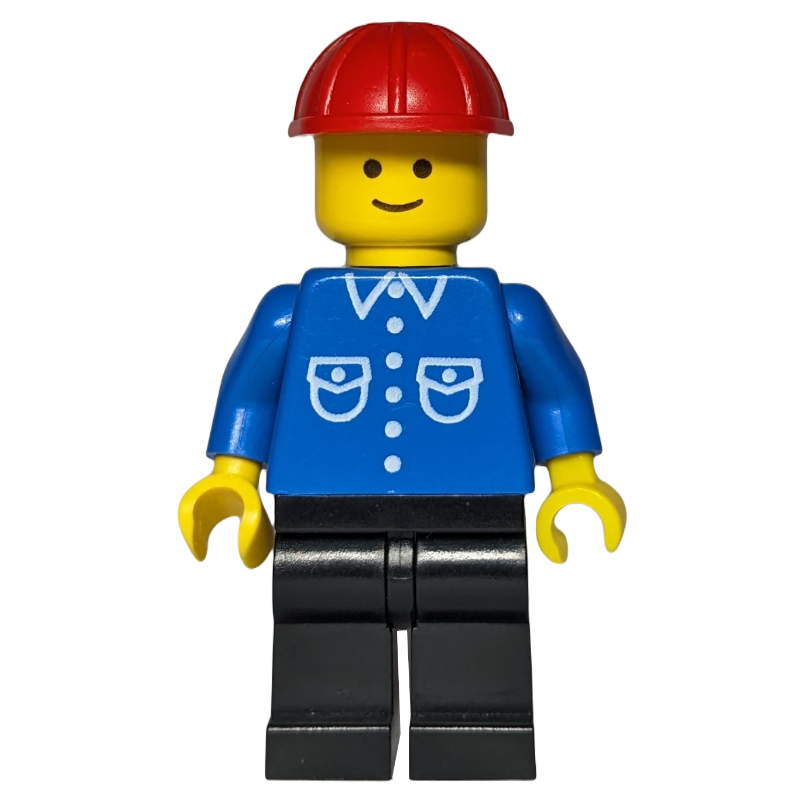 Homme, chemise bleue avec boutons et poches, jambes noires, casque de chantier rouge (Man, Blue Shirt with Buttons and Pockets, Black Legs, Red Hard Hat)