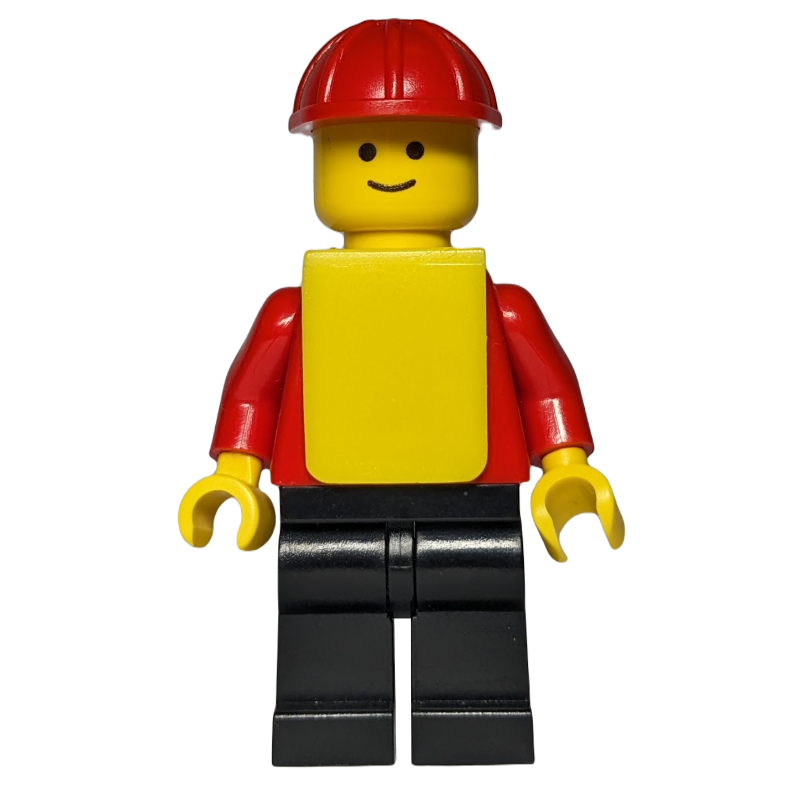 Homme, torse rouge sans motif, jambes noires, casque de chantier rouge, gilet jaune (Man, Plain Red Torso, Black Legs, Red Hard Hat, Yellow Vest)