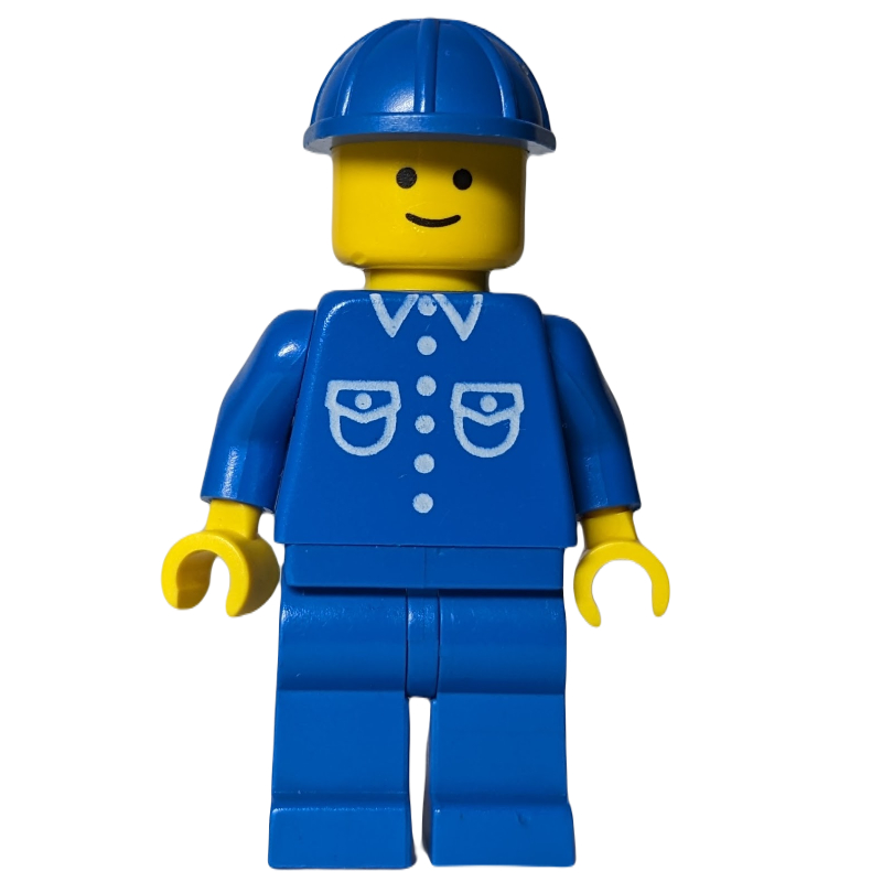 Homme, chemise bleue avec boutons et poches, jambes bleues, casque de chantier bleu (Man, Blue Shirt with Buttons and Pockets, Blue Legs, Blue Hard Hat)