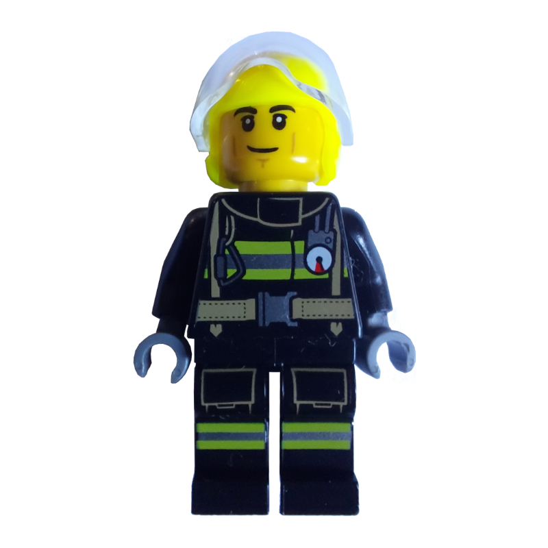 Pompier, tenue de pompier noire, casque jaune éclatant (Firefighter, Black Fire Suit, Vibrant Yellow Helmet)