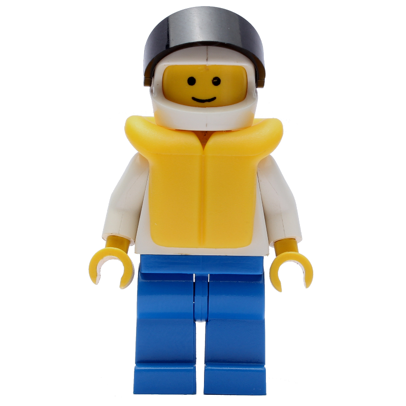 Homme, torse blanc, jambes bleues, casque avec visière, gilet de sauvetage jaune - 3626a tête (Man, White Torso, Blue Legs, Helmet with Visor, Yellow Life Vest - 3626a Head)