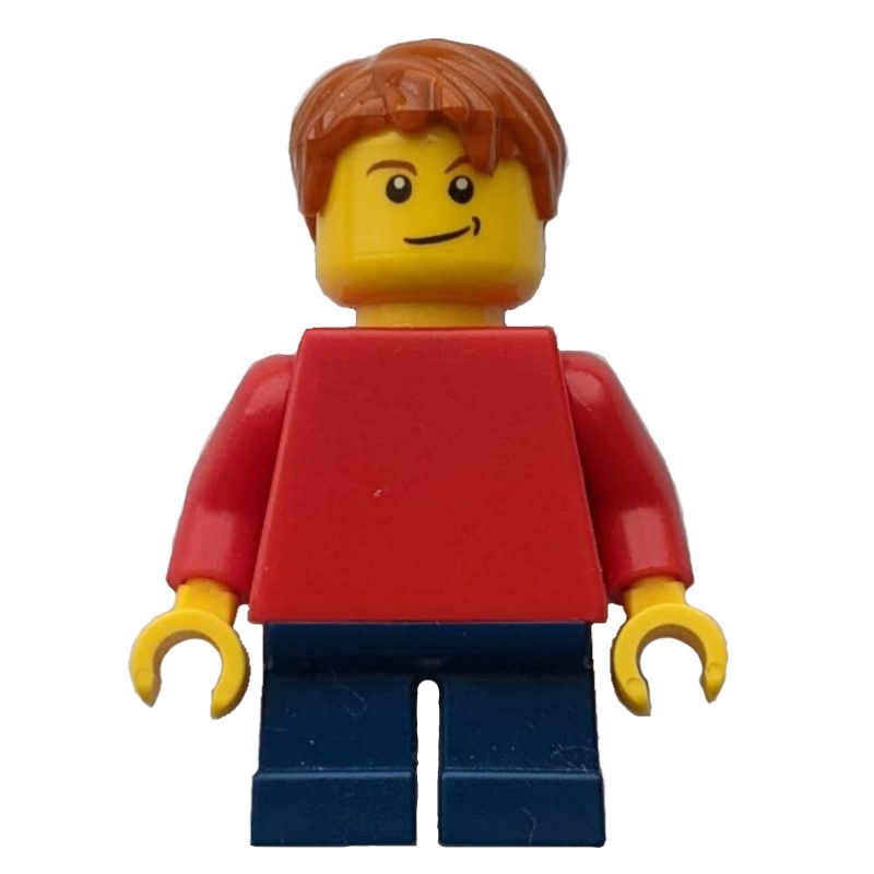 Garçon, torse rouge sans motif, jambes courtes bleu foncé, cheveux orange foncé (Boy, Plain Red Torso, Short Dark Blue Legs, Dark Orange Hair)