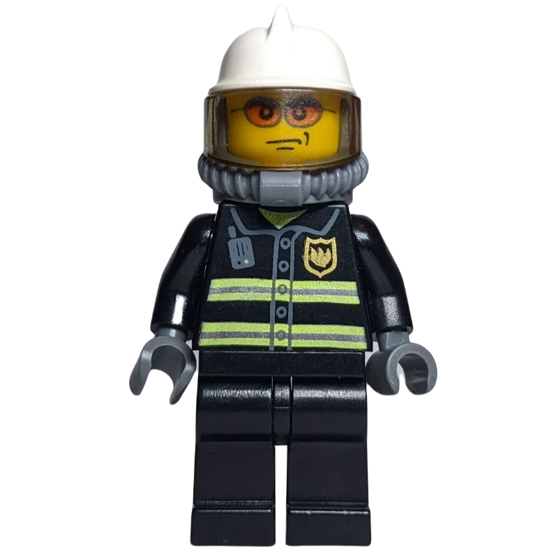 Pompier, veste de feu noir avec bandes réfléchissantes, radio et badge, casque blanc, appareil respiratoire, bouteilles d’air, lunettes de soleil orange (Fireman, Black Fire Jacket with Reflective Stripes, Radio, and Badge, White Helmet, Breathing Apparatus, Airtanks, Orange Sunglasses)