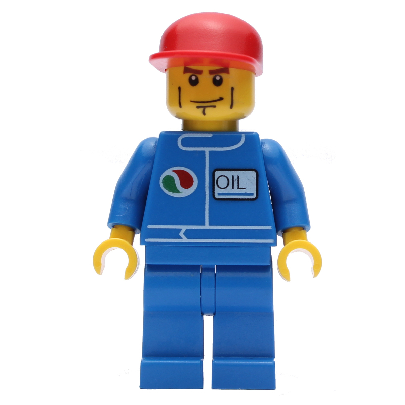 Mécanicien, combinaison bleue avec logo Octan, casquette rouge (Mechanic, Blue Jumpsuit with Octan Logo, Red Cap)