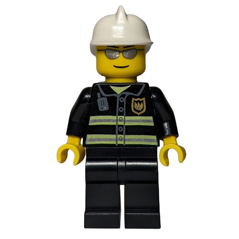 Pompier, veste de feu noir, casque blanc, lunettes de soleil argentées (Fireman, Black Fire Jacket, White Helmet, Silver Sunglasses)