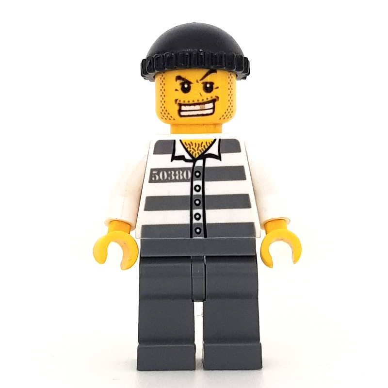 Bandit, chemise de prison avec # 50380, jambes gris bleuté foncé, chapeau noir, dent d'or (Criminal, Prison Shirt with #50380, Dark Bluish Gray Legs, Black Hat, Gold Tooth)