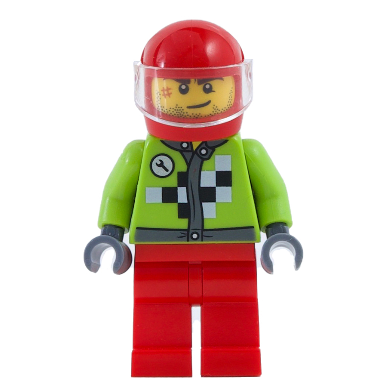 Coureur avec veste à carreaux noir et blanc, casque rouge avec visière incolore transparent (Racer with Lime Jacket with Black and White Checks, Red Helmet with Trans-Clear Visor)