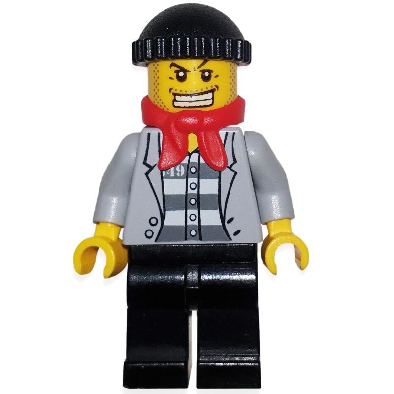 Bandit, ouvert veste gris bleuté clair sur la chemise de prison, chapeau noir, écharpe rouge, dent dorée (Criminal, Open Light Bluish Gray Jacket over Prison Shirt, Black Hat, Red Scarf, Gold Tooth)