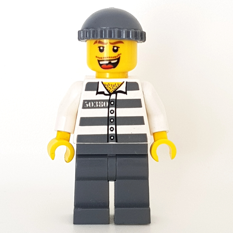 Bandit, chemise de prison avec # 50380, jambes gris bleuté foncé, chapeau gris bleuté foncé, dent manquante (Criminal, Prison Shirt with #50380, Dark Bluish Gray Legs, Dark Bluish Gray Hat, Missing Tooth)