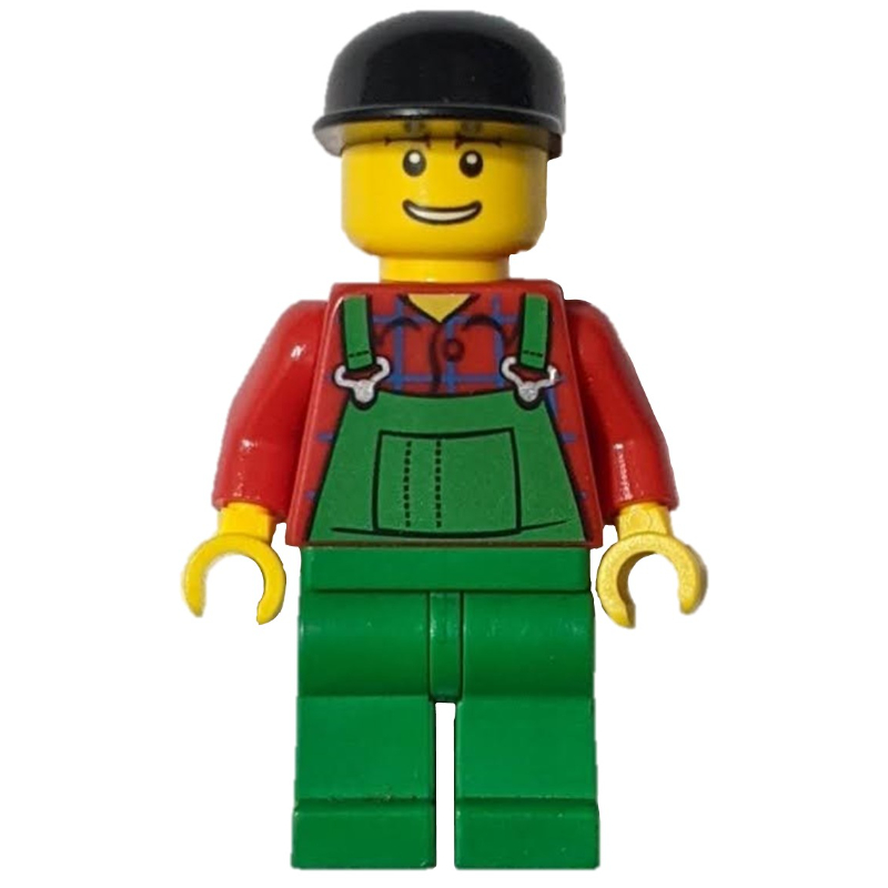 Homme, salopette verte sur chemise rouge, casquette noire (Man, Green Overalls over Red Shirt, Black Cap)