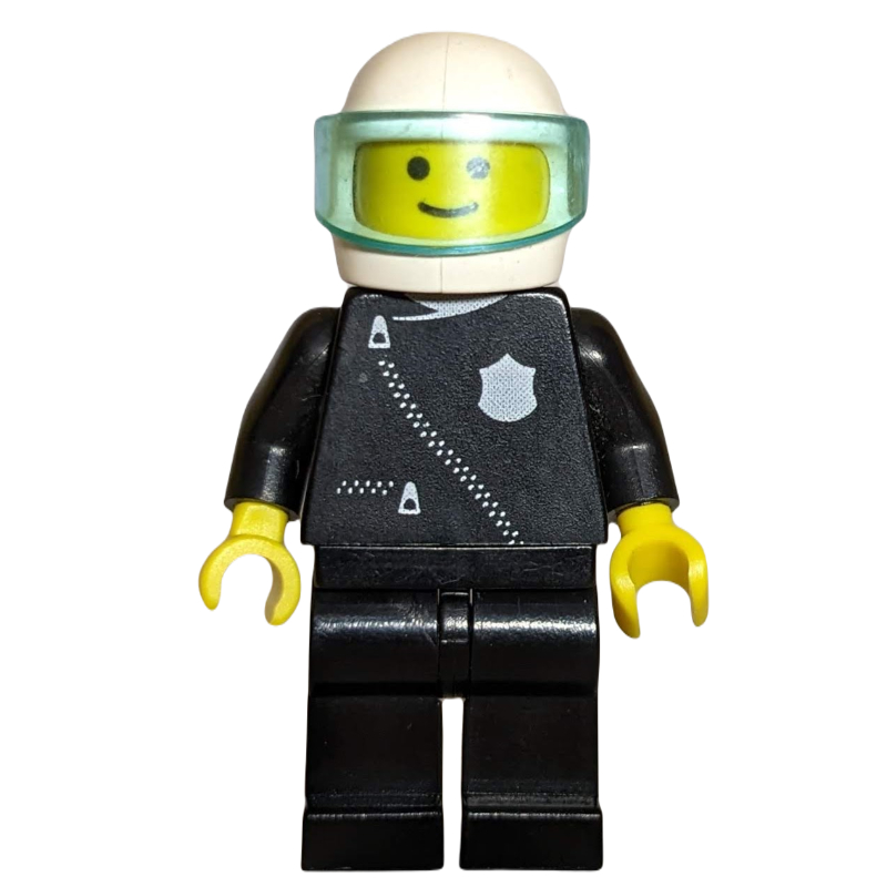 Policier, veste noire avec fermeture éclair et badge, casque blanc avec visière (3626a tête) (Policeman, Black Jacket with Zipper and Badge, White Helmet with Visor (3626a Head))
