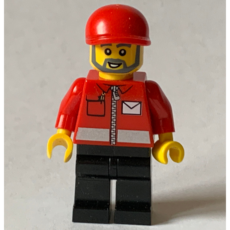 Postier, veste rouge avec fermeture à glissière et logo lettre, jambes noires, casquette rouge, barbe (Postal Worker, Red Jacket with Zipper and Letter Logo, Black Legs, Red Cap, Beard)