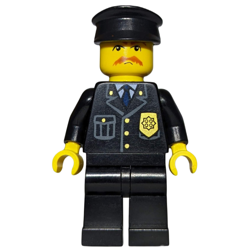 Policier, veste noire avec poche et badge, casquette noire, moustache (Policeman, Black Jacket with Pocket and Badge, Black Cap, Moustache)