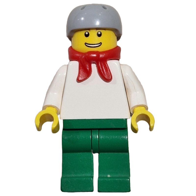 Homme, torse blanc uni, jambes vertes, casque gris bleuté clair, écharpe rouge (Man, Plain White Torso, Green Legs, Light Bluish Gray Helmet, Red Scarf)