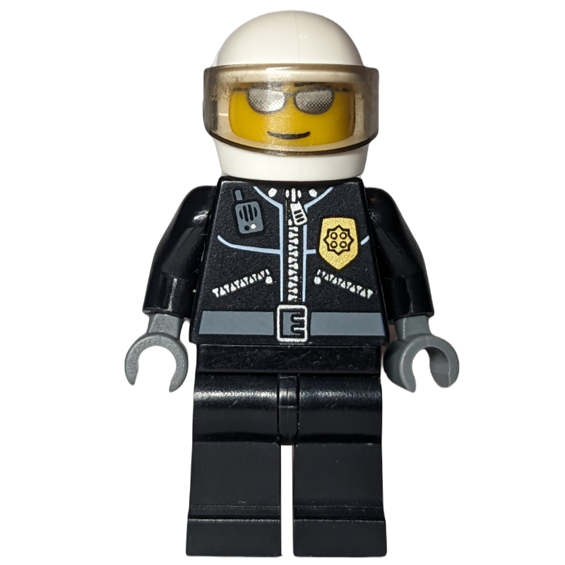 Policier, veste noire avec radio et badge, casque blanc avec visière, lunettes de soleil (Policeman, Black Jacket with Radio and Badge, White Helmet with Visor, Sunglasses)