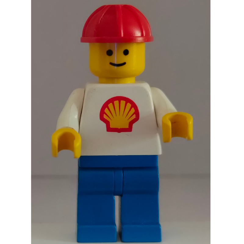 Coquille - torse blanc avec logo, jambes bleues, casque de construction rouge (Shell - White Torso with Logo, Blue Legs, Red Construction Helmet)