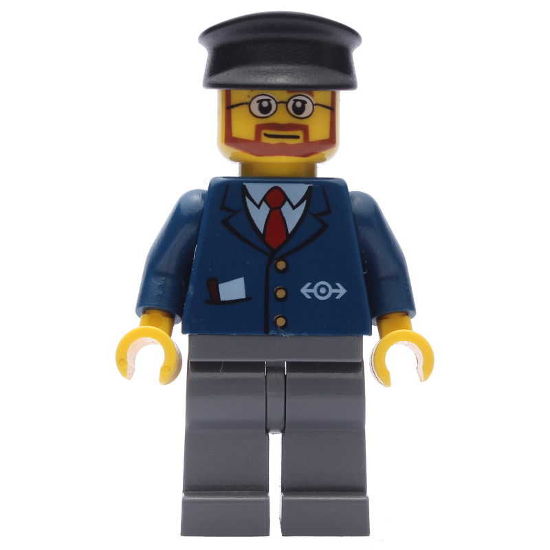 Employé ferroviaire, veste bleu foncé avec logo du train, chapeau noir, barbe et lunettes (Train Worker, Dark Blue Jacket with Train Logo, Black Hat, Beard and Glasses)