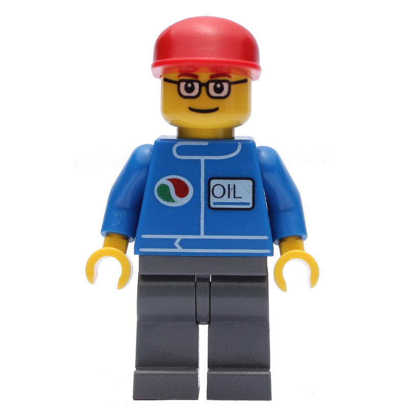 Mécanicien, combinaison bleue avec logo Octan, jambes gris bleuté foncé, casquette rouge, lunettes (Mechanic, Blue Jumpsuit with Octan Logo, Dark Bluish Gray Legs, Red Cap, Glasses)