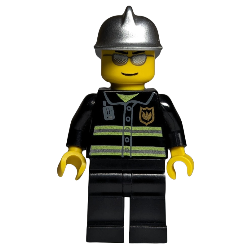 Pompier, veste de feu noir avec des rayures réfléchissantes, radio et badge, casque argenté, lunettes de soleil argentées (Fireman, Black Fire Jacket with Reflective Stripes, Radio, and Badge, Silver Helmet, Silver Sunglasses)