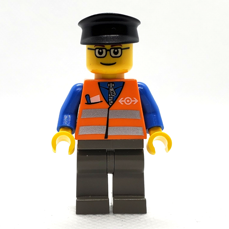 Employé ferroviaire, gilet de sécurité orange avec logo de train, jambes gris bleuté foncé, chapeau noir, lunettes (Train Worker, Orange Safety Vest with Train Logo, Dark Bluish Gray Legs, Black Hat, Glasses)
