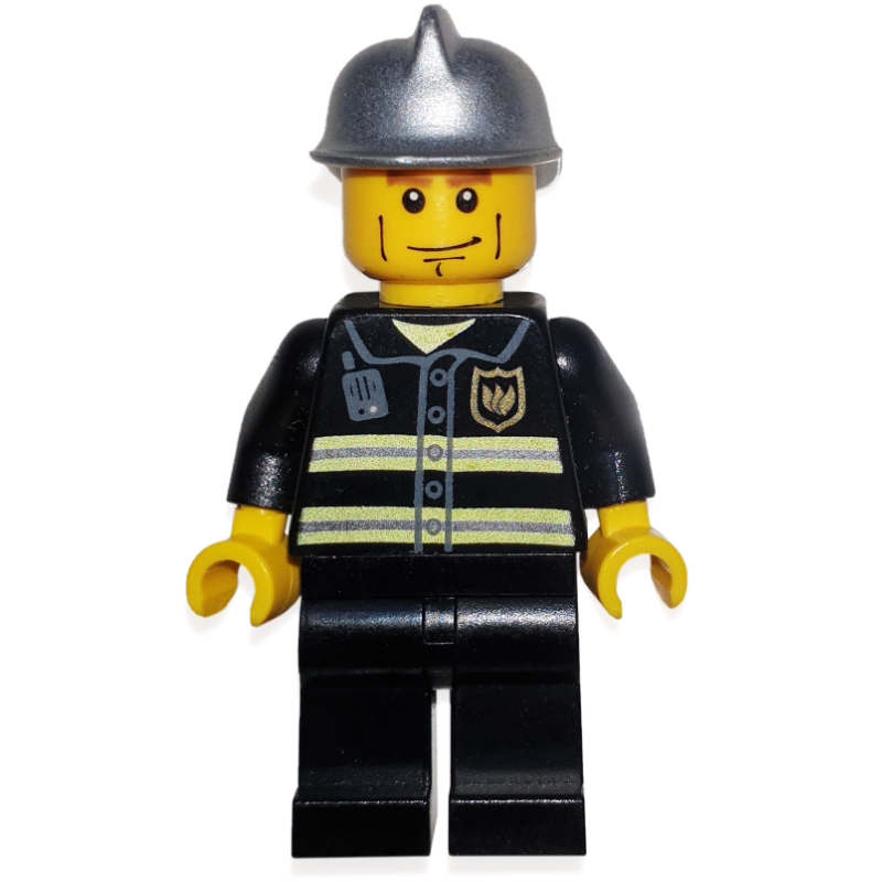Pompier, veste de feu noir avec bandes réfléchissantes, radio et badge, casque argenté, lignes de joue (Fireman, Black Fire Jacket with Reflective Stripes, Radio, and Badge, Silver Helmet, Cheek Lines)
