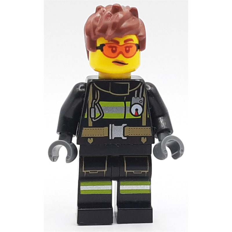 Pompier, tenue de pompier noire, cheveux brun rougeâtre, lunettes de sécurité orange (Firefighter, Black Fire Suit, Reddish Brown Hair, Orange Safety Glasses)