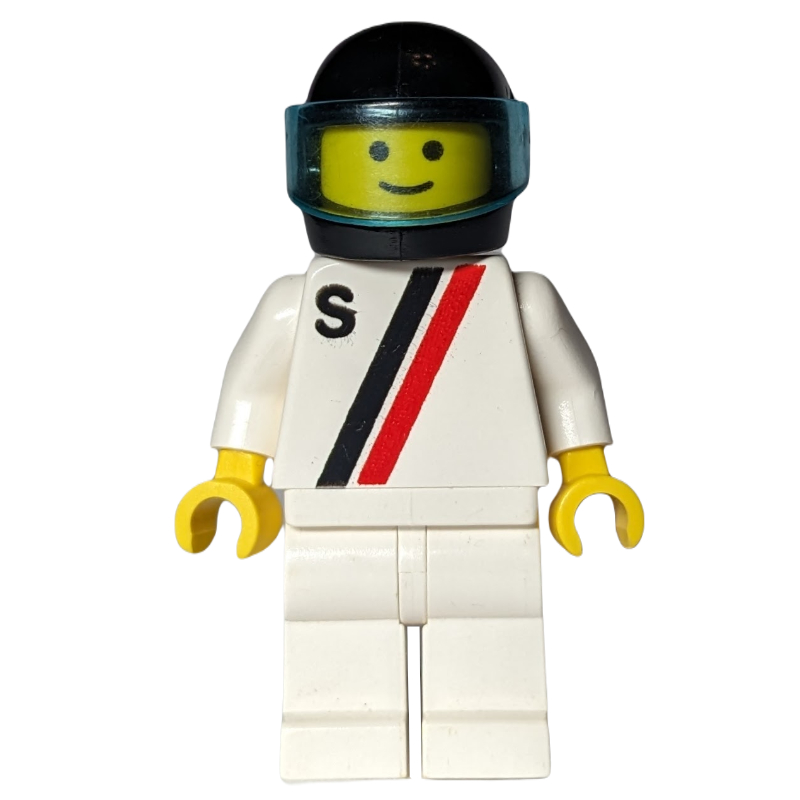 Racer, chemise blanche à deux rayures et 's', jambes blanches, casque noir avec visière (3626a tête) (Racer, White Shirt with Two Stripes and 'S', White Legs, Black Helmet with Visor (3626a Head))